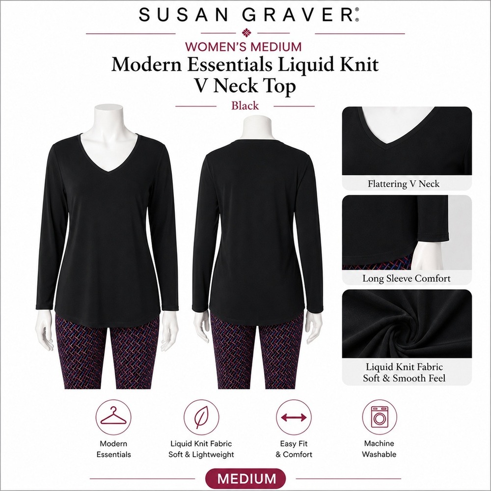 Susan Graver Modern Essential Liquid Knit VNeck Top Black Womens Medium Long Slv